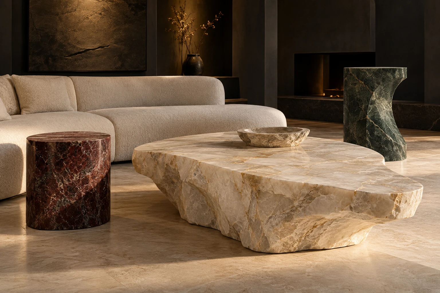 Ambiente conceitual com mesa orgânica em quartzito claro, mesa lateral cilíndrica em granito vinho e volume escultórico em quartzito verde